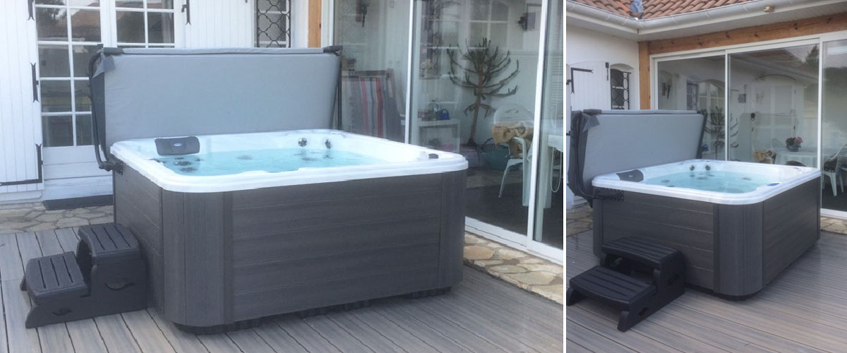 Un jacuzzi sur terrasse bois à Pessac en Gironde.